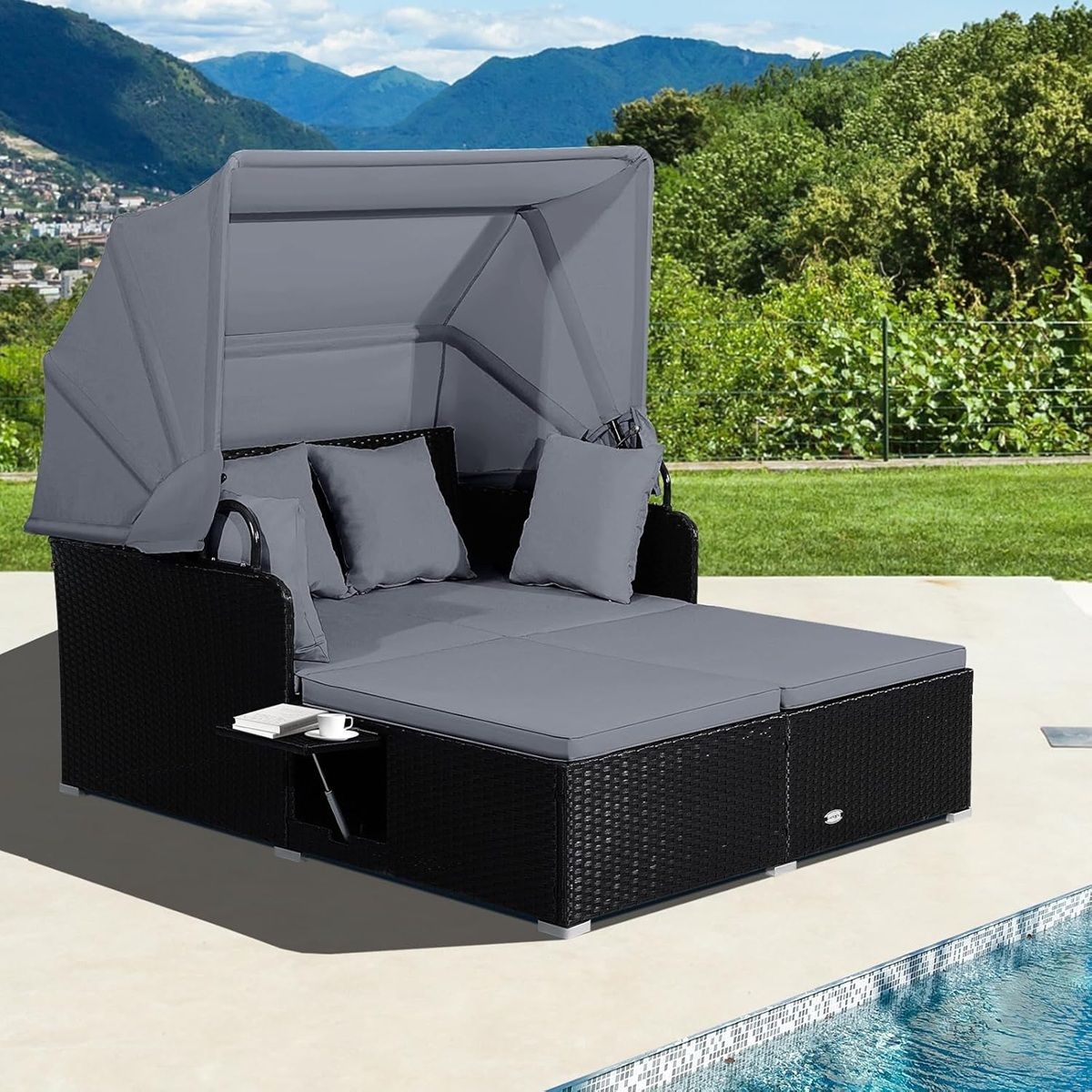 Chaise Longue à 2 Places en Rotin avec Auvent Rétractable Bain de Soleil avec Panneaux Latéraux Pliables Charge 360KG Beige/Gris - Lidl-Manfred