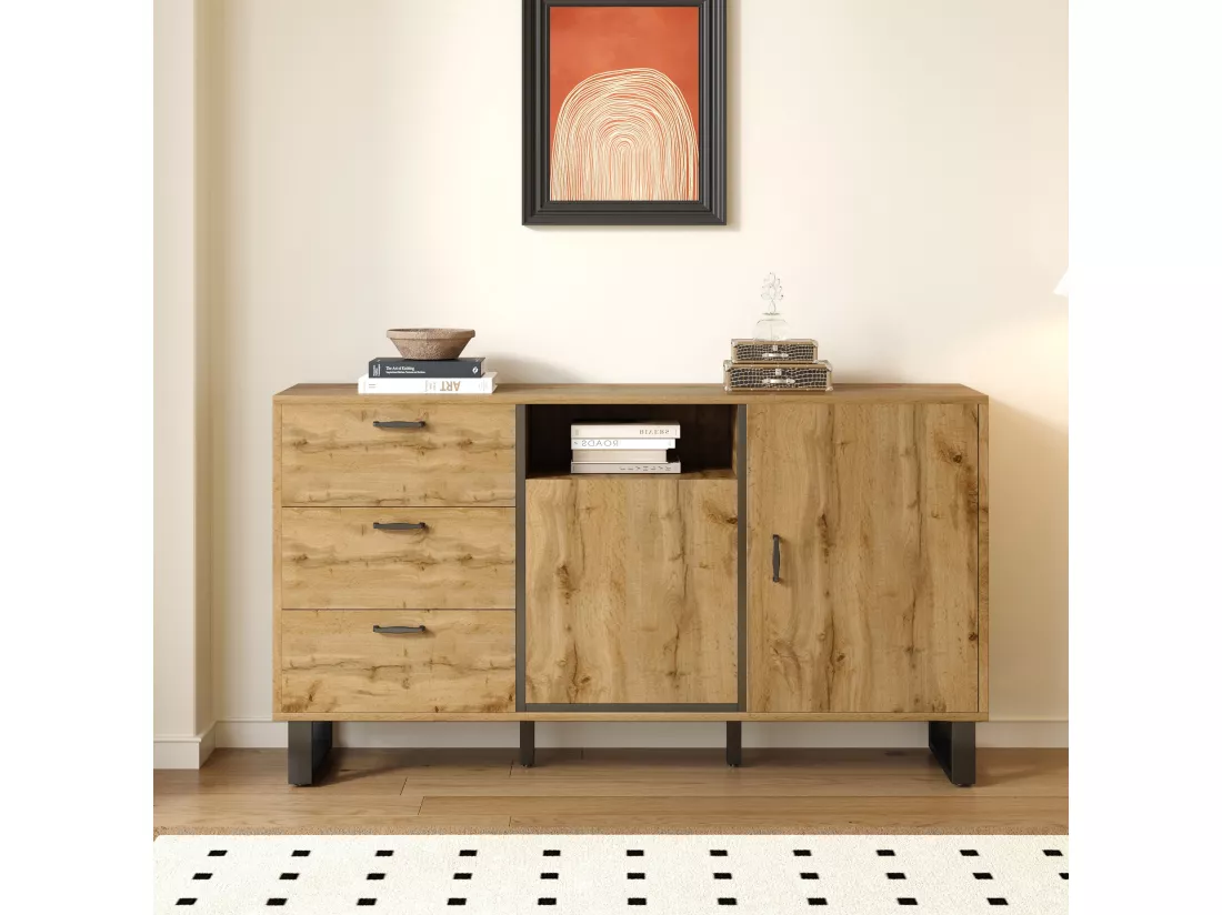 Buffet effet bois 2 portes 3 tiroirs 150*38*77cm BILVIR