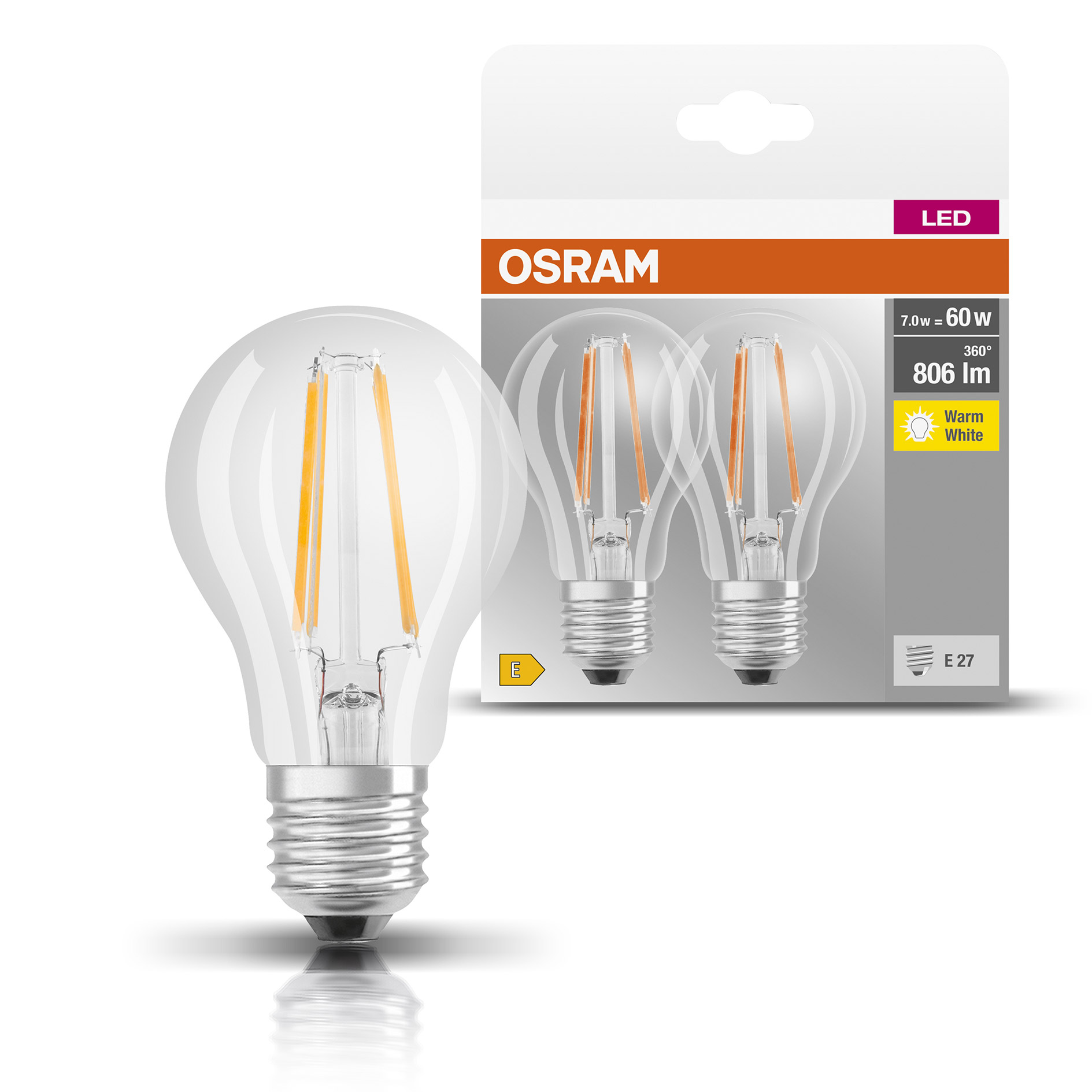 OSRAM 2er-Set LED-Leuchtmittel BASE CLA60 - Filament AGL - E27