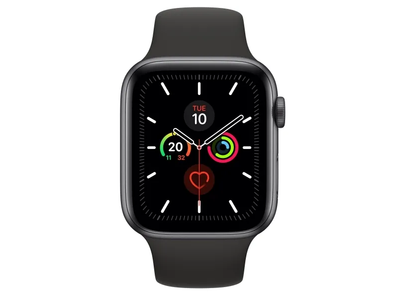 [OUTLET] - Apple Watch Series 5 (GPS) - 44 mm - rumgråt aluminium - smart ur med sportsbånd - fluoroelastomer - sort - båndstørrelse 140-210 mm - S/M/L - 32 GB - Wi-Fi, Bluetooth - 36.5 g