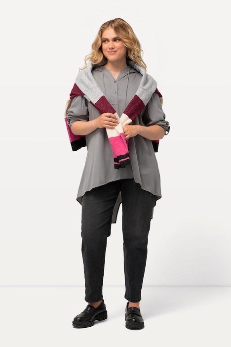 Longbluse, Kapuze, A-Linie, hinten länger, Langarm