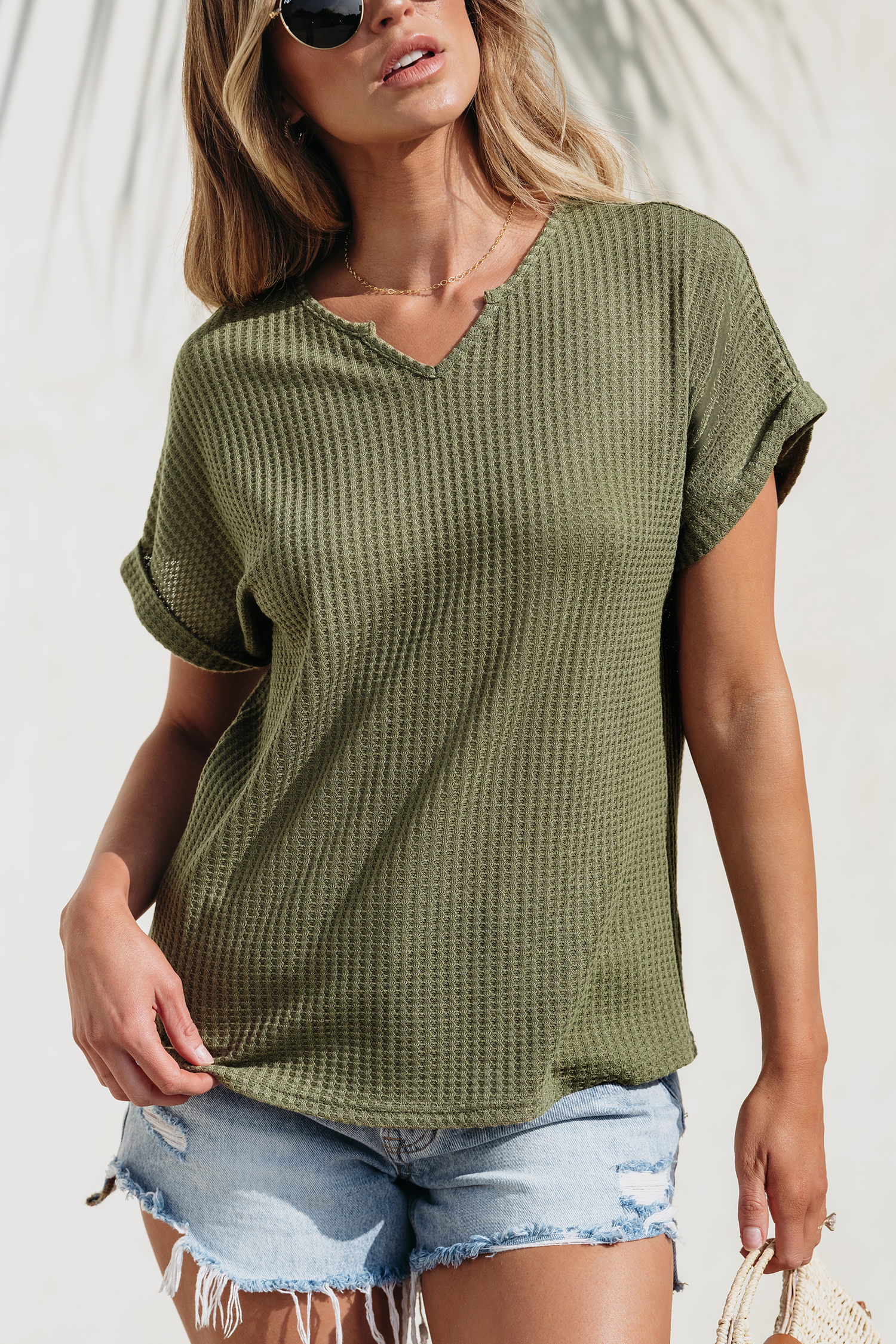 T-shirt en tricot gaufré vert olive