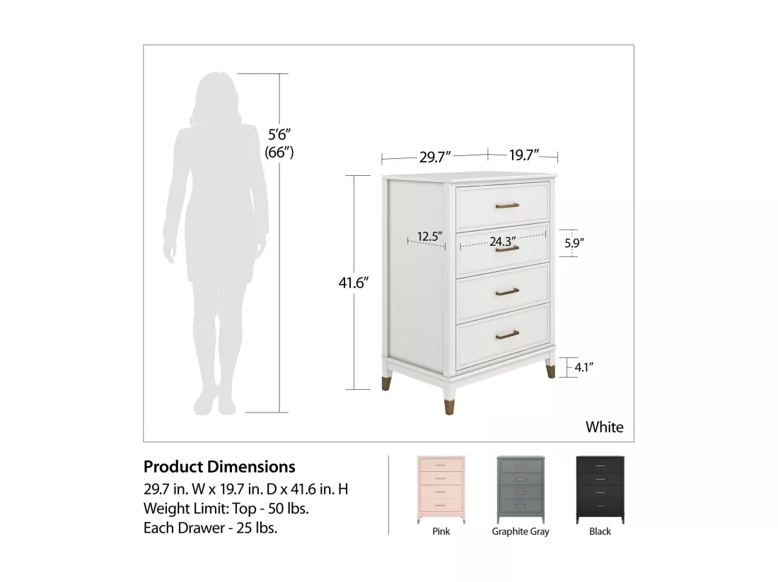 Westerleigh | Commode à 4 tiroirs en MDF rose