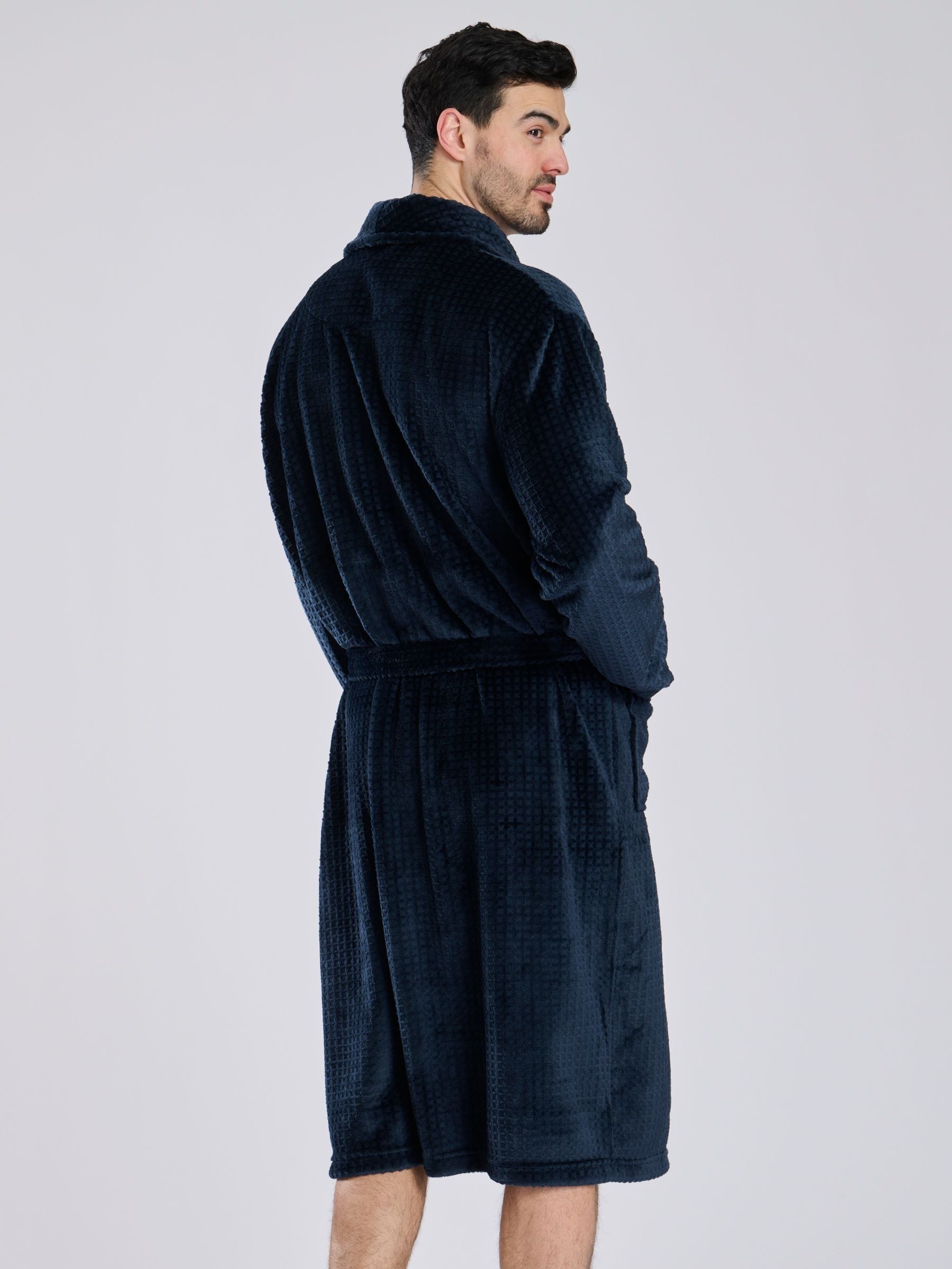 Blauw - Loungeable wafelstof fleece kamerjas met sjaalkraag