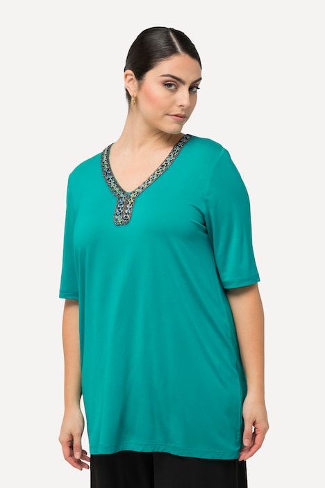 T-Shirt, Perlen, A-Linie, Tunika-Ausschnitt, Halbarm