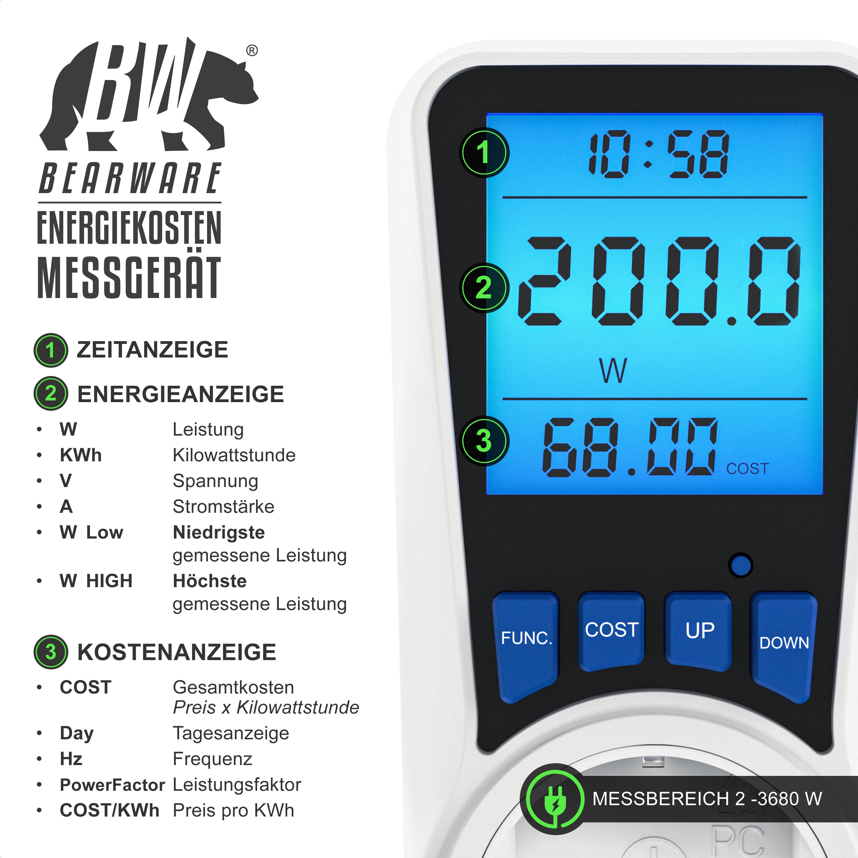 BEARWARE Energiekostenmessgerät Stromkostenmessgerät, max. 3680 W, Stromverbrauchszähler, Stromzähler