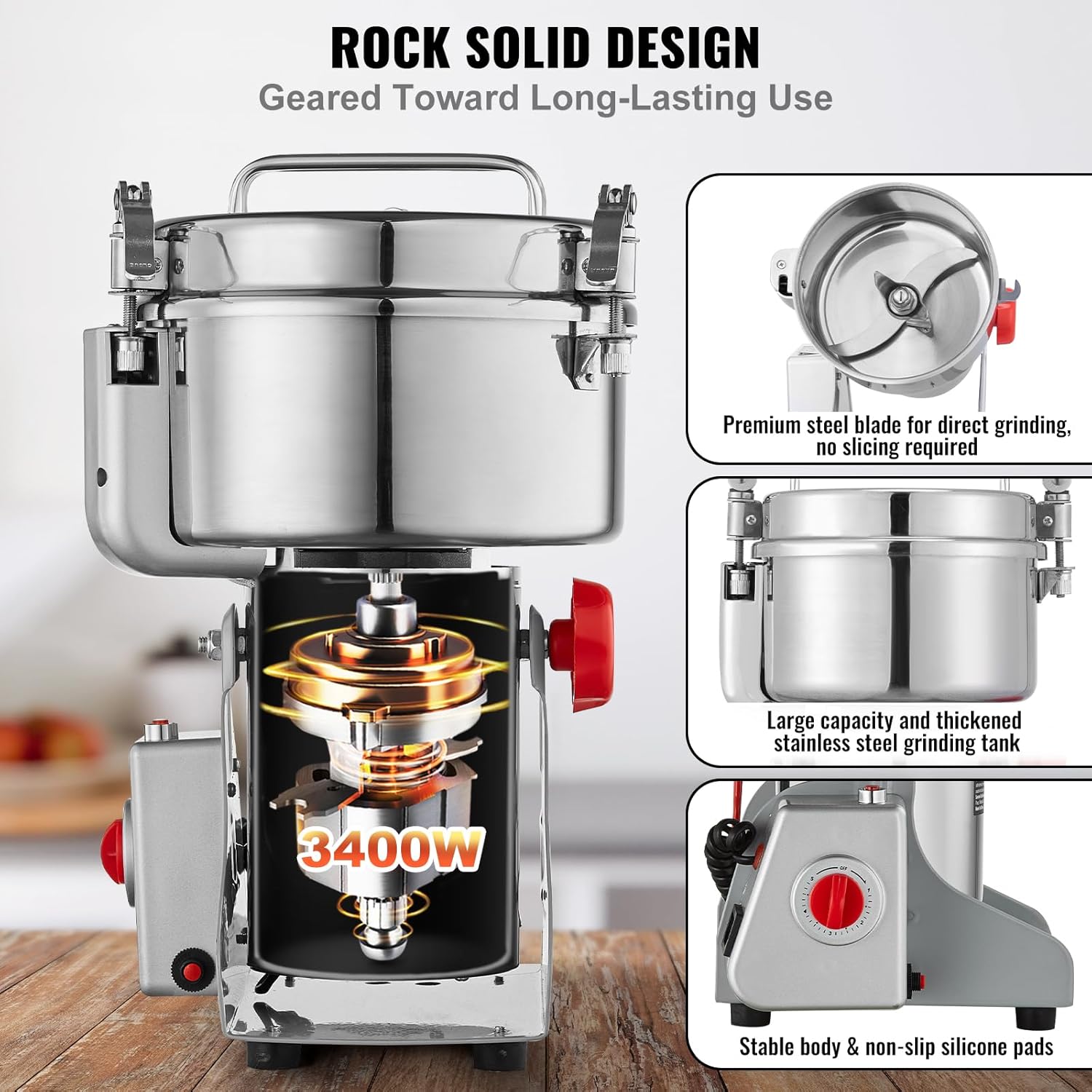 VEVOR elektrische Getreidemühle Hochgeschwindigkeits-Maismühle 2500 g 3400 W, Pulverisiermaschine aus Edelstahl, für trockene Körner Gewürze Müsli Kaffee Mais Pfeffer Schwenktyp 24 x 23 x 39 cm