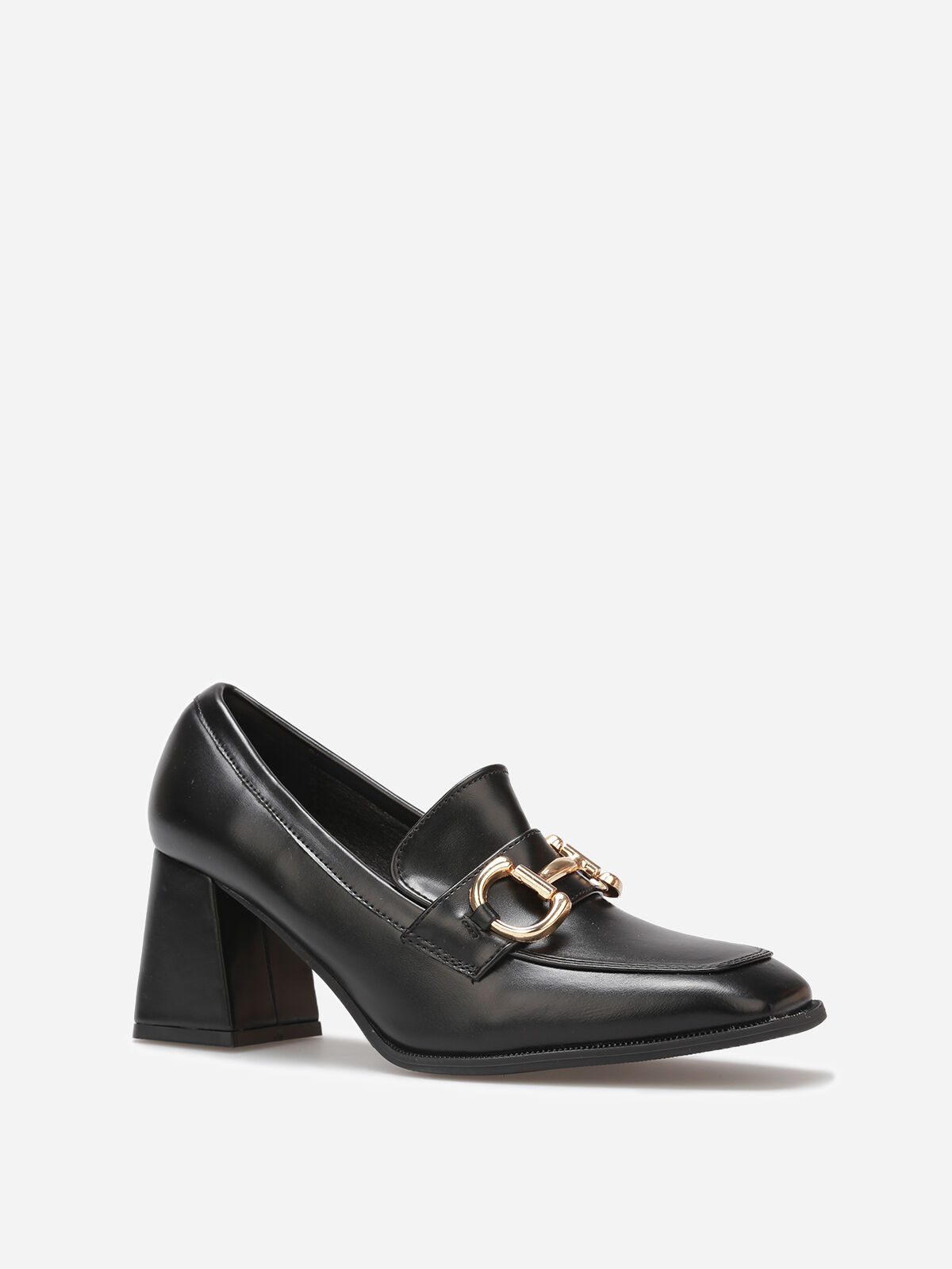 Mocassins à talon avec bout carré et mors doré- Noir