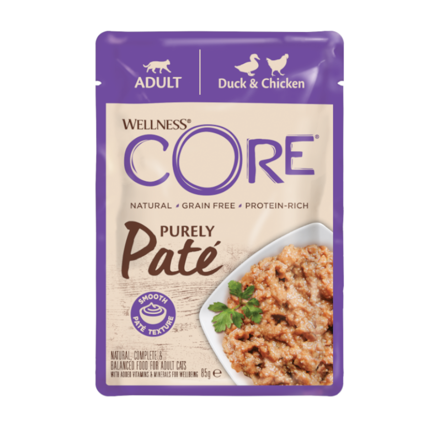 Sachê de 85g de patê de pato e frango Wellness Core Adult para gatos.