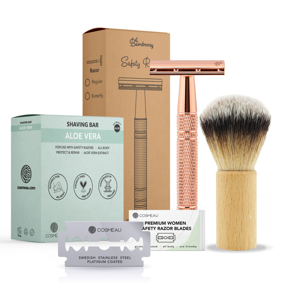 Bamboozy Safety Razor Aluminium Starterkit + Scheerkwast + Scheerzeep Rosé Goud1 set