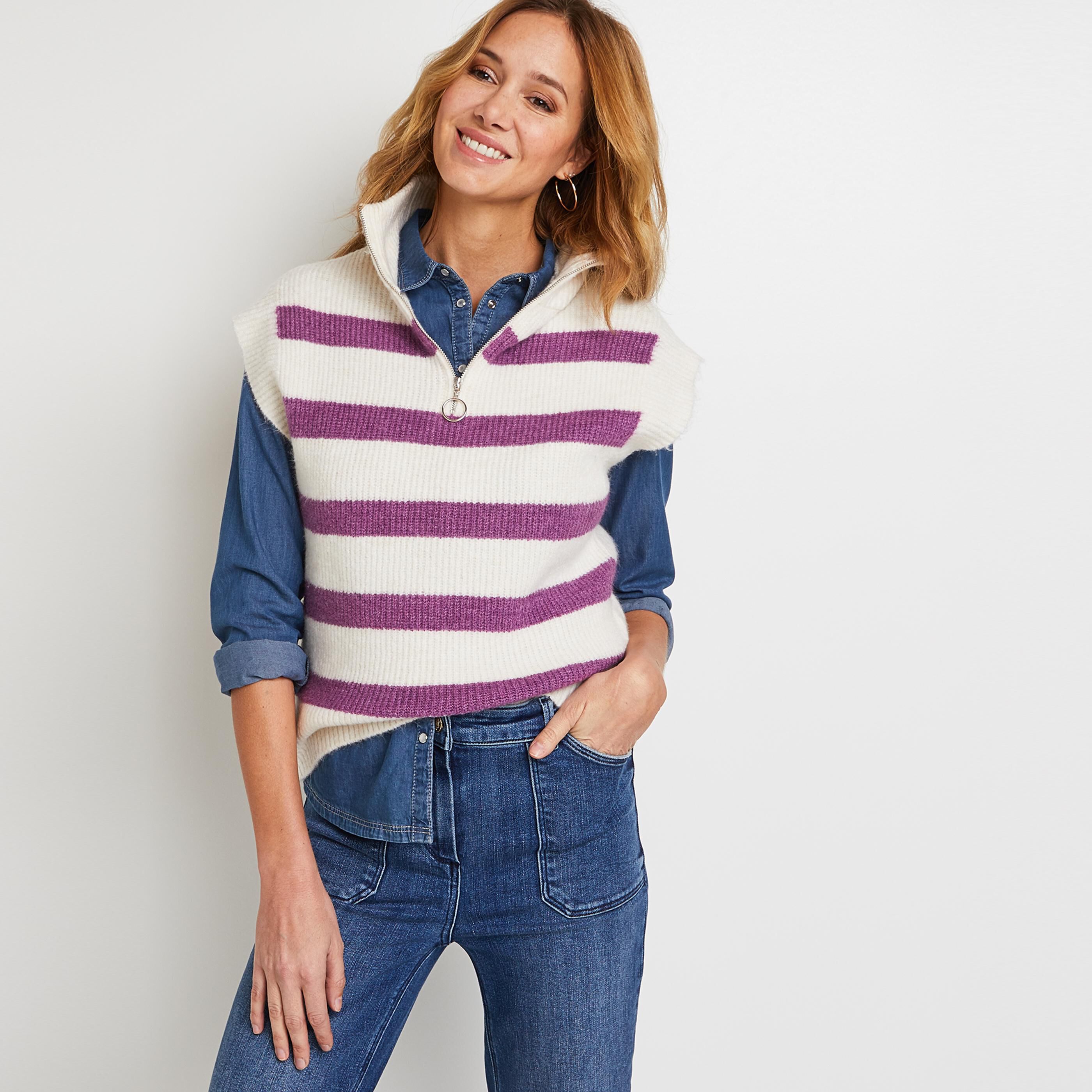 Pull sans manches rayé femme - BLANC