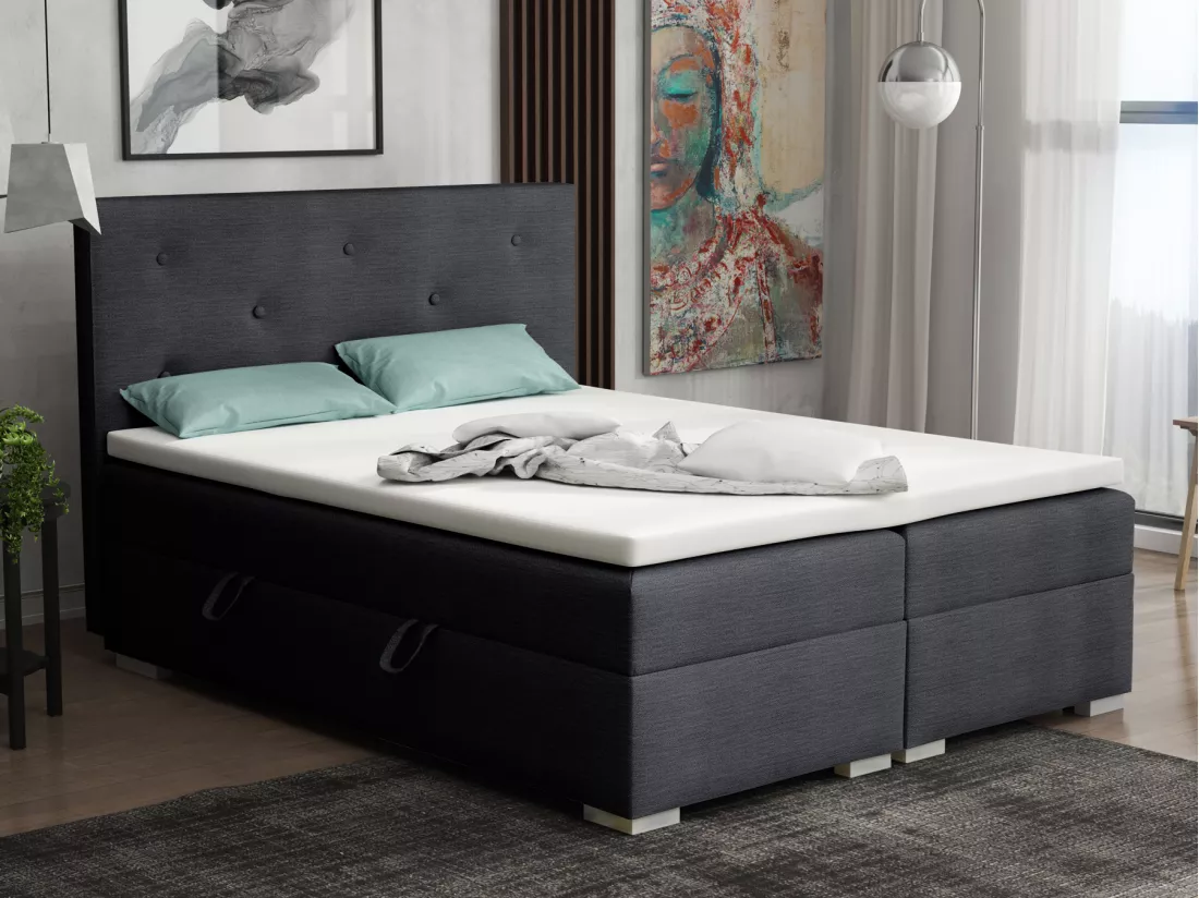 Lit Boxspring avec tiroirs de lit, Coffre de lit Topper Atlanta 160x200 cm, Orinoco 100 (Noir)
