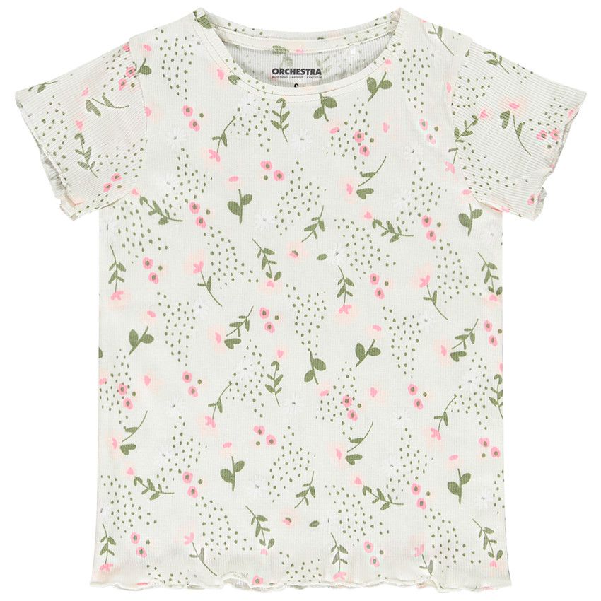 T-shirt manches courtes en jersey côtelé imprimé fleuri pour fille - Ecru