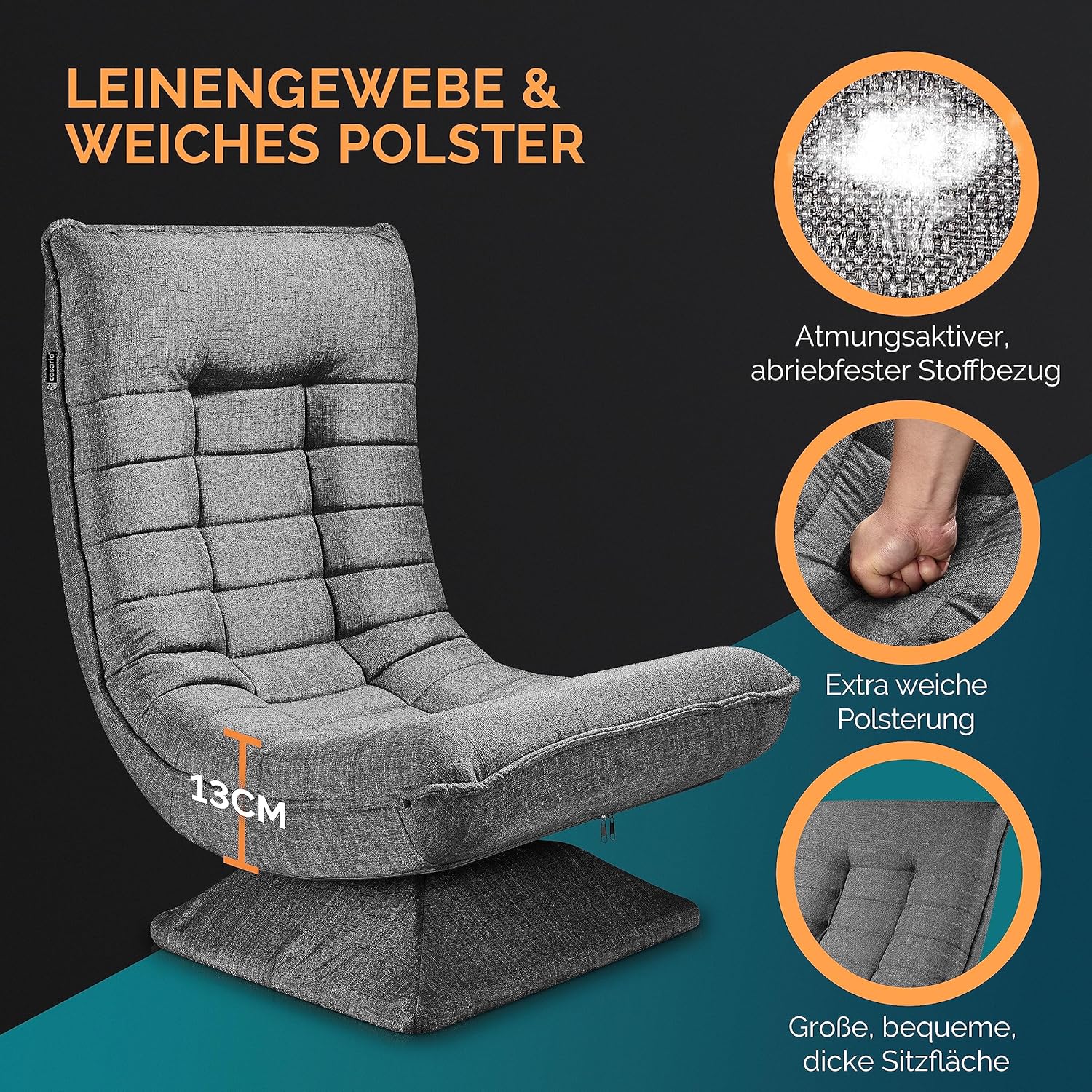 Casaria® Sessel verstellbare Rückenlehne 360° Drehbar Klappbar 150kg Belastbarkeit 60x105x87cm Gepolstert Wohnzimmer Gaming Relax Boden Lounge Sessel Grau
