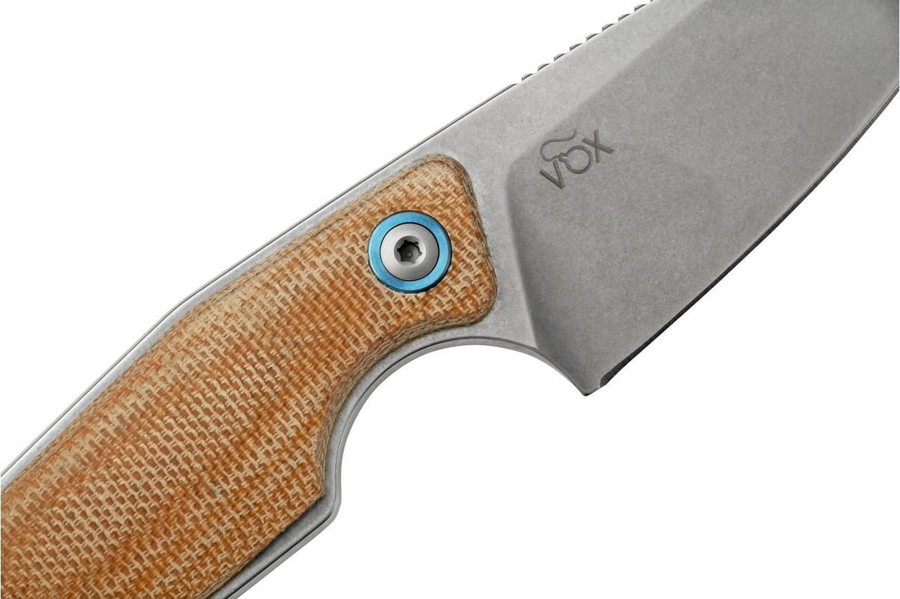 MKM Makro 1 Droppoint, Stonewashed Natural Canvas Micarta vaststaand mes, Jesper Voxnaes design