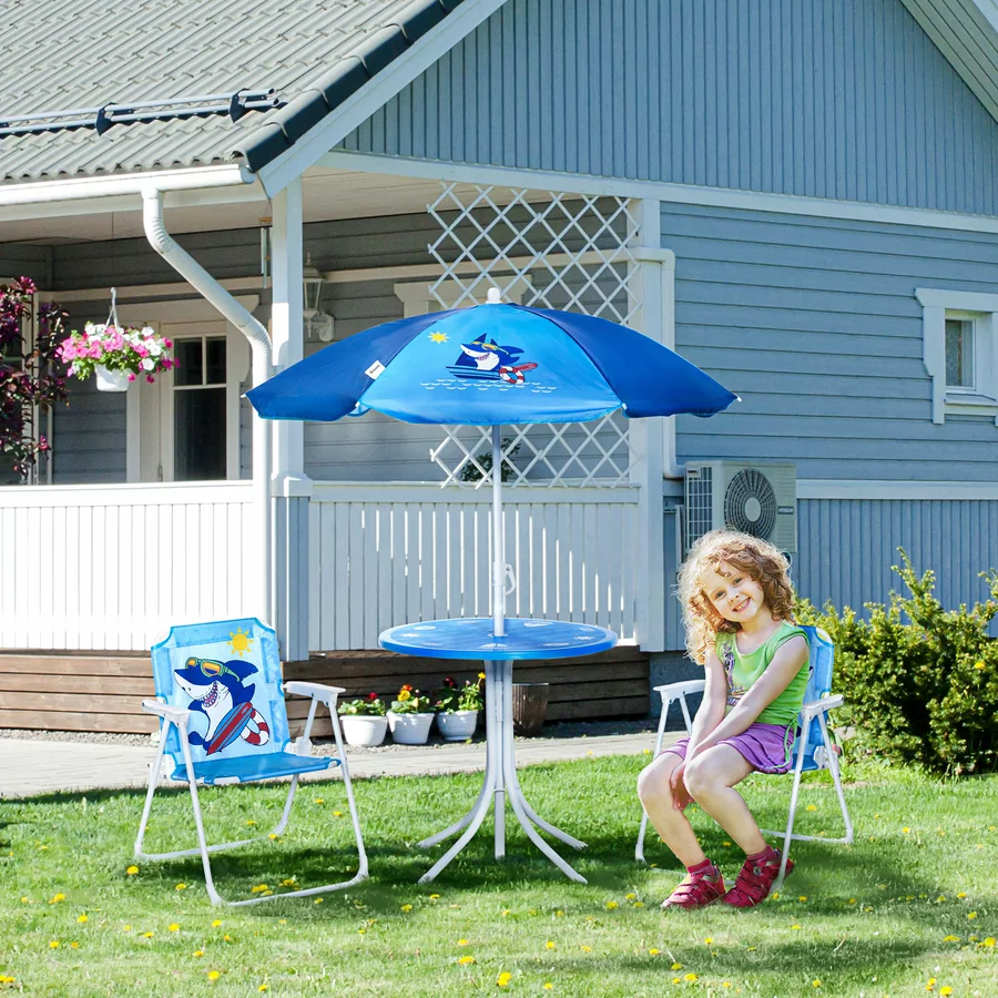 Outsunny Kindersitzgruppe mit Tisch und Sonnenschirm blau