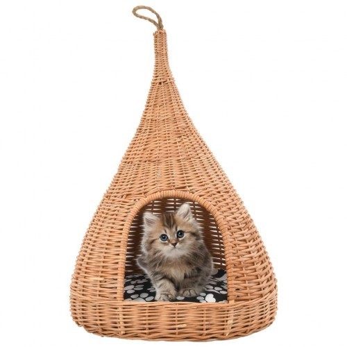 Casinha de gato em formato de tipi na cor natural com almofada.