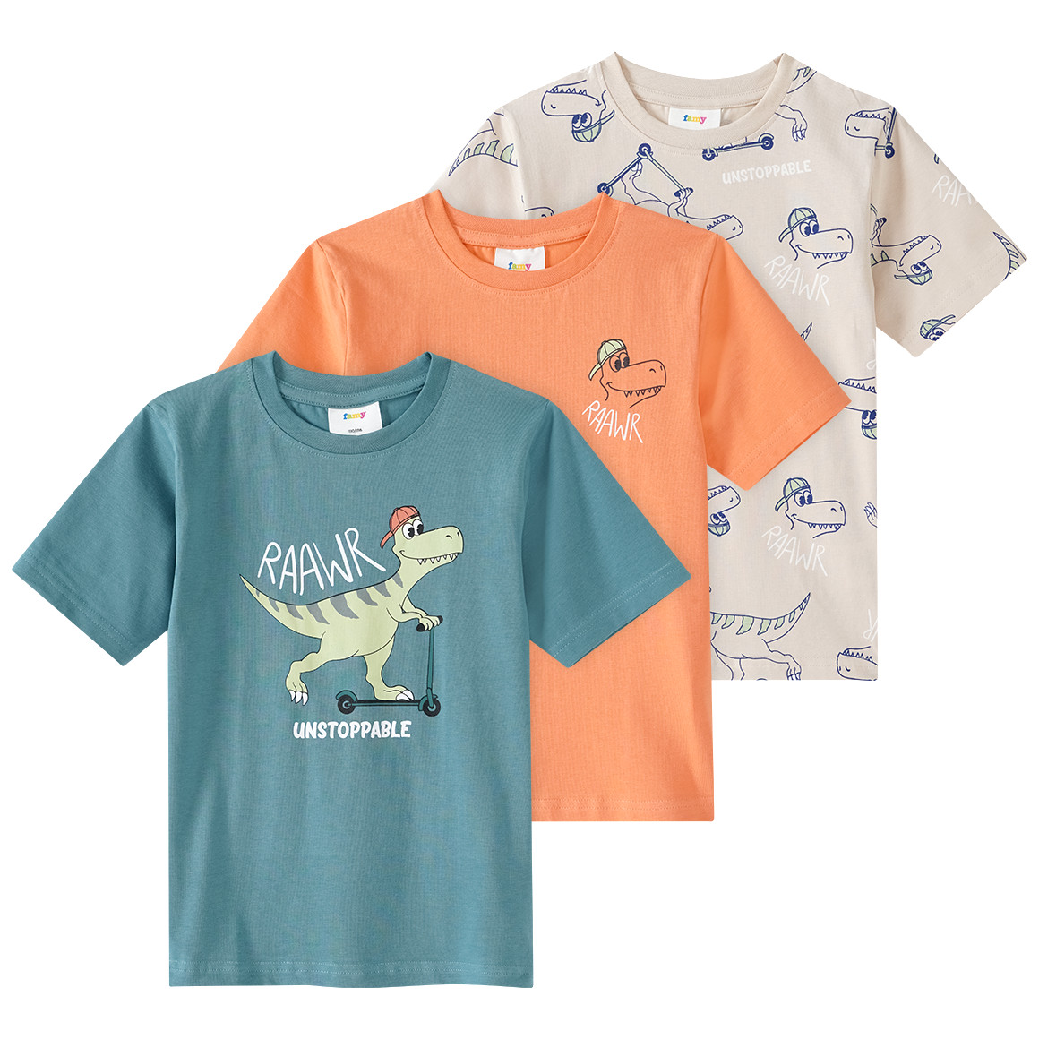 Famy 3 Jungen T-Shirts mit Dino-Prints dunkeltürkis / orange / beige