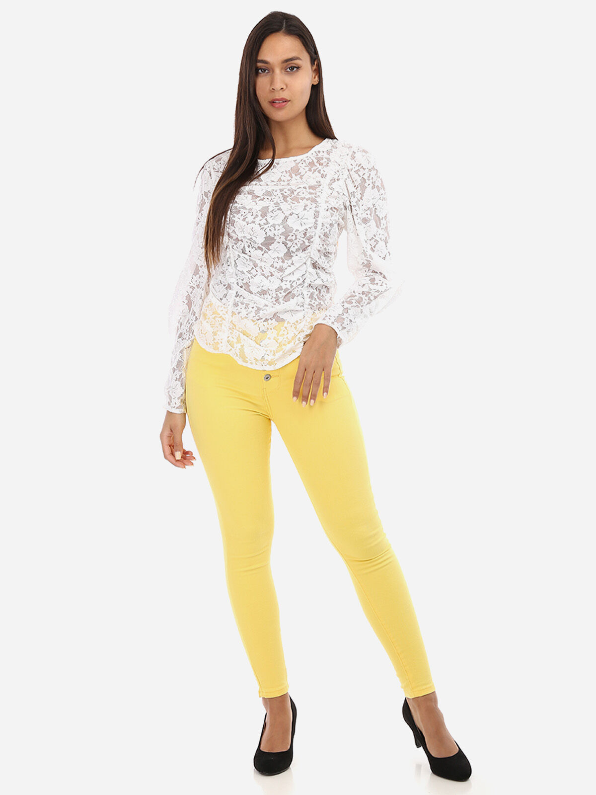 Top froncé en dentelle- Blanc