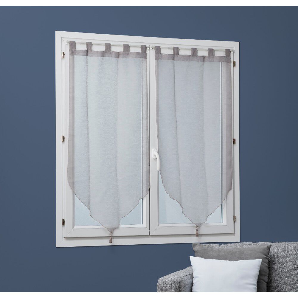 Vitrage à pattes voile uni taupe finition pointe pompon 60x160 cm x2