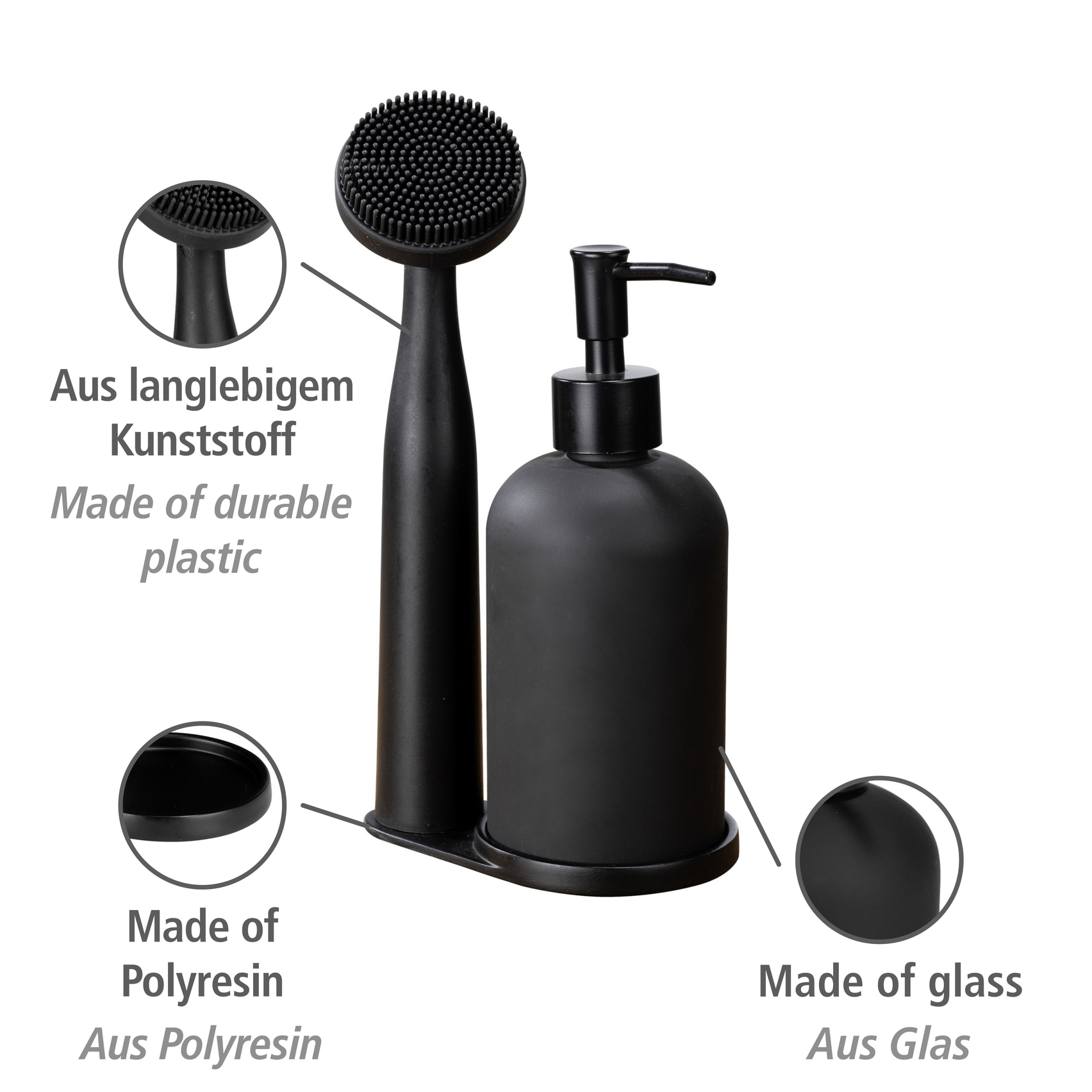 WENKO Spülmittelspender »Modell Piedo« Spül-Set, inkl. Spülbürste mit Halterung, Glas/Polyresin