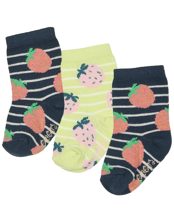 Socken ERDBEEREN 3er-Pack in dunkelblau/limette
