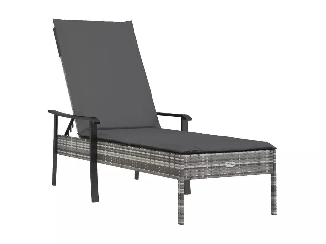 Chaises longues 2 pièces avec table et coussins gris résine tressée