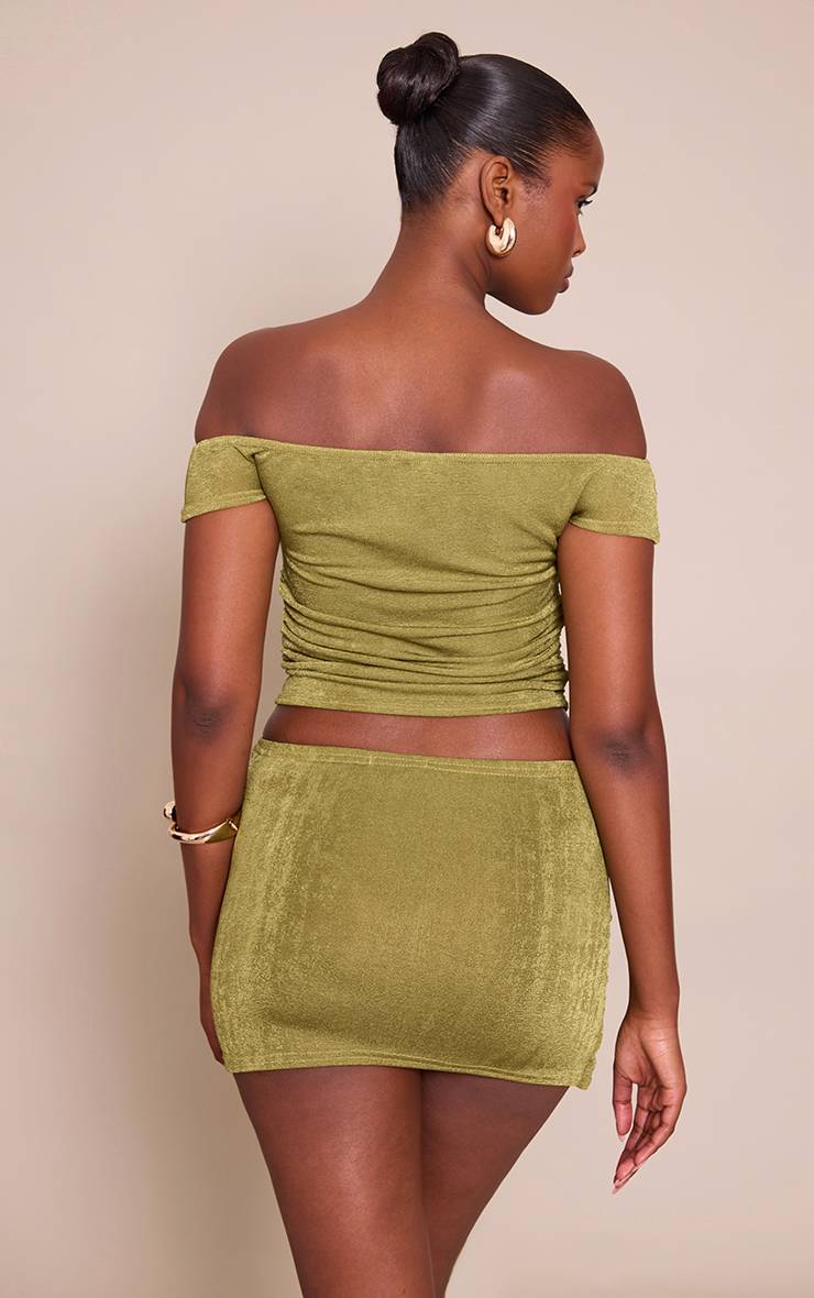 Vert Olive Ensemble Jupe Courte Drapée Portefeuille Et Haut Texturé Assorti