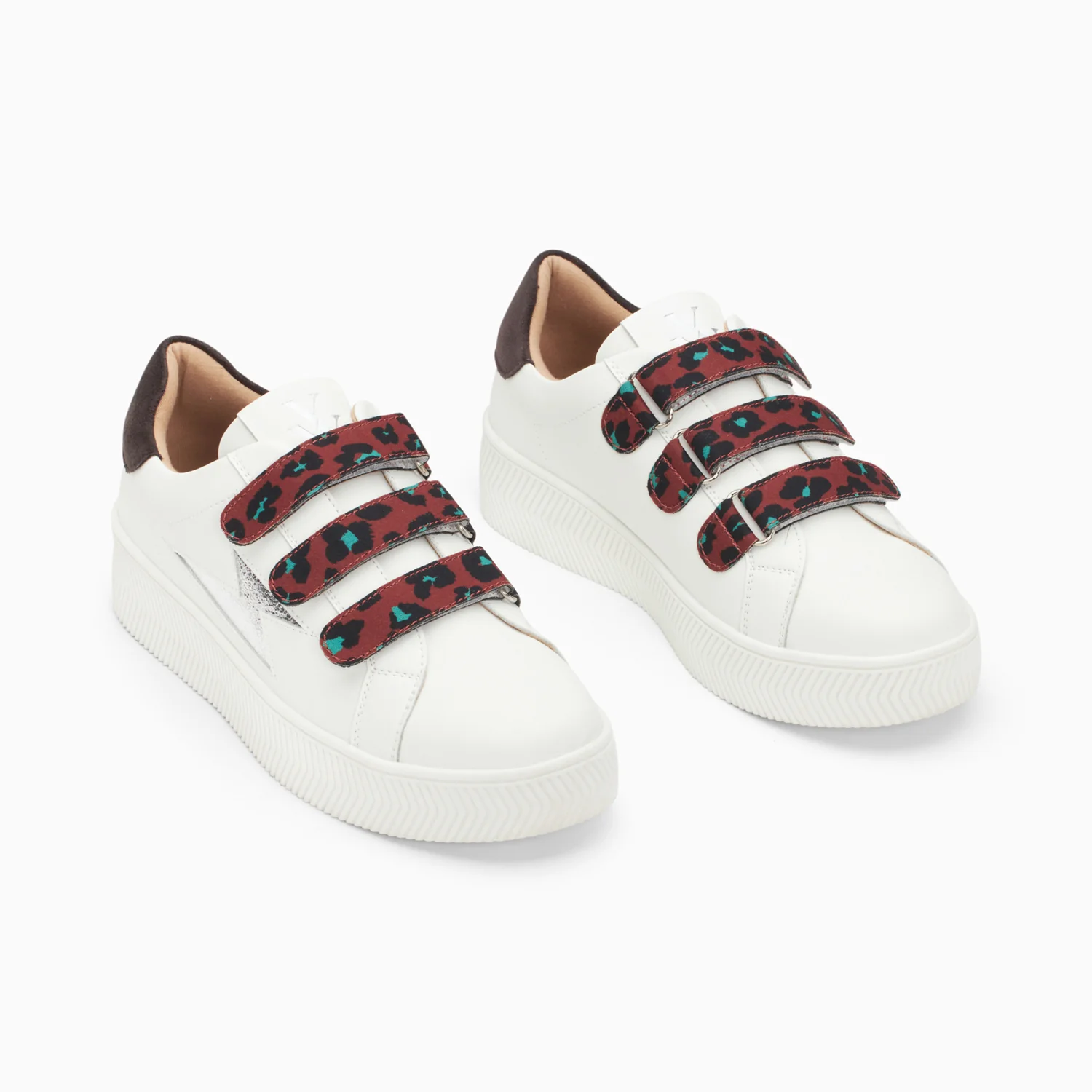 Sneakers-Baskets éclair Noura blanc et argent à scratchs léopard