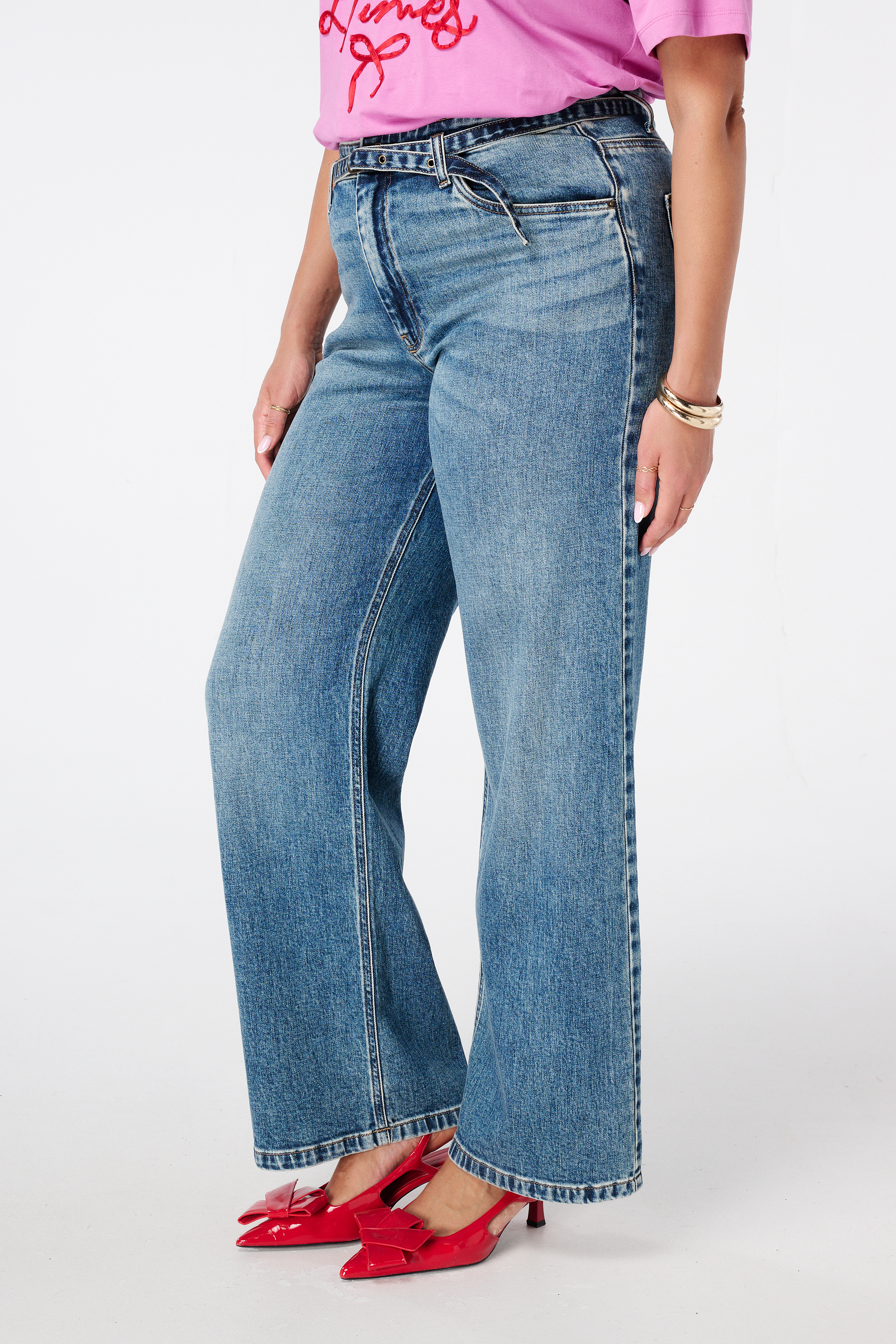 Wide leg jeans met riempje Dark Denim