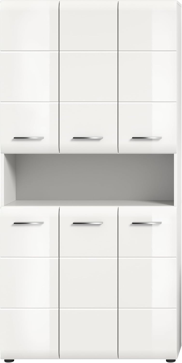 xonox.home – Mehrzweckschrank Ice 90x185x30 cm in Korpus weiß Nachbildung und Front weiß Hochglanz – weißer Badschrank Hochschrank breit – modern & platzsparend