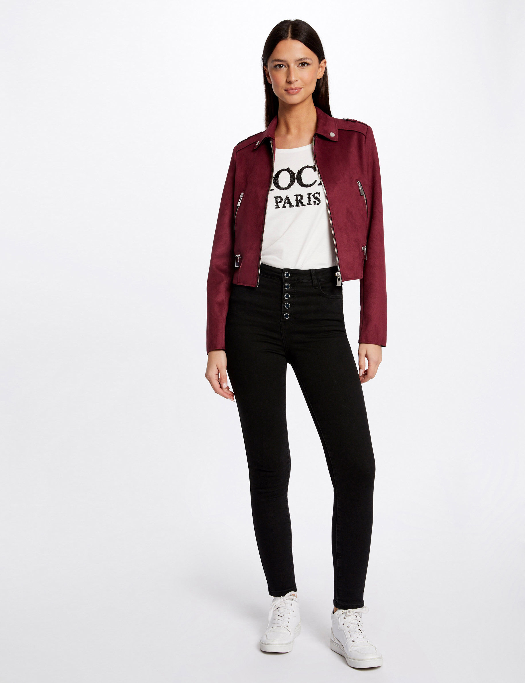 Blouson droit aspect suédine bordeaux femme - bordeaux