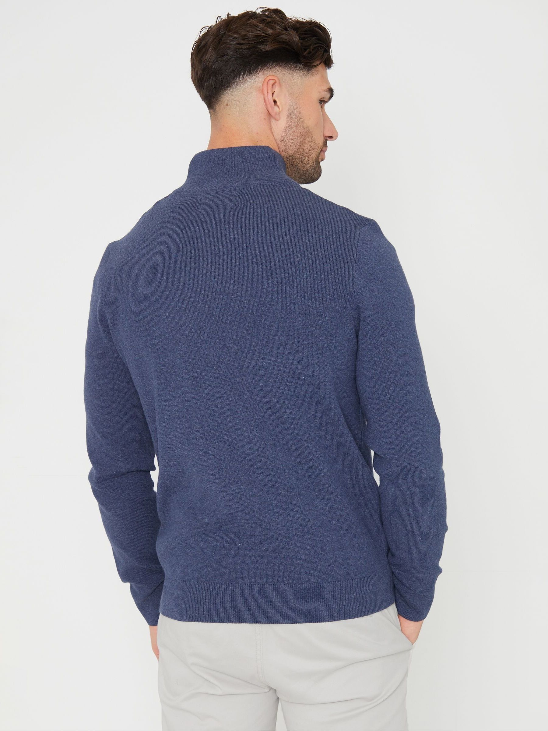 Denimblauw - Threadbare gebreide trui van katoenmix met korte rits