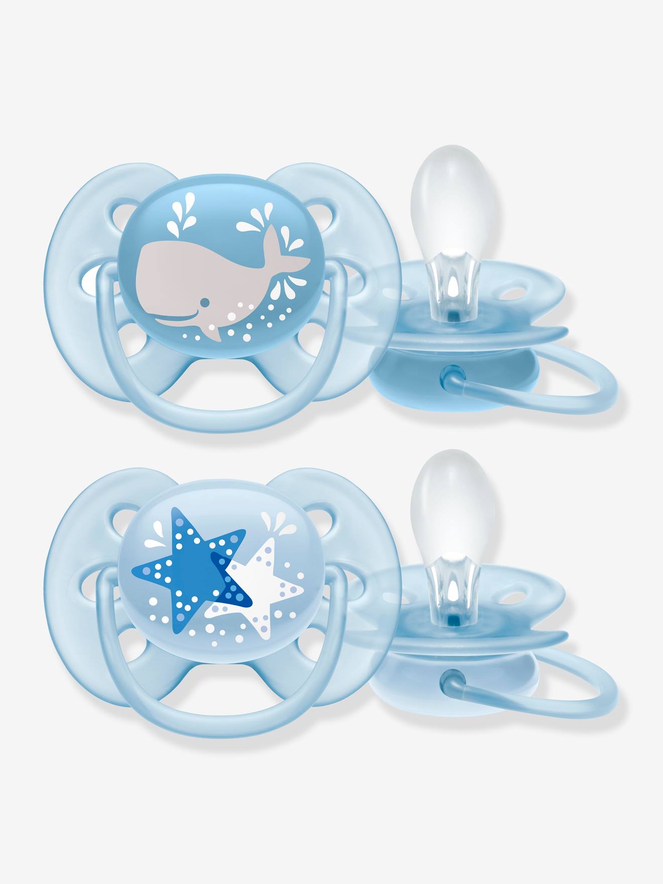 Pacote com 2 chupetas Philips AVENT extra macias para recém-nascidos, branco escuro, lisas com estampas.