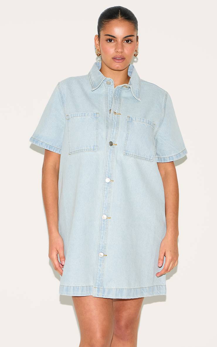 Bleu Clair Robe Chemise En Denim Grande Taille À Coutures Contrastées