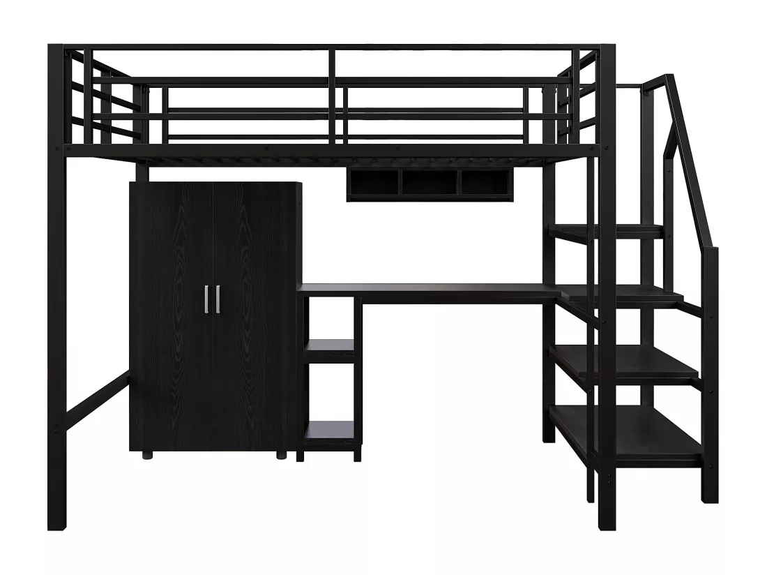 Lit mezzanine 140x200 cm en métal - avec bureau、penderie et échelle de rangement - Noir