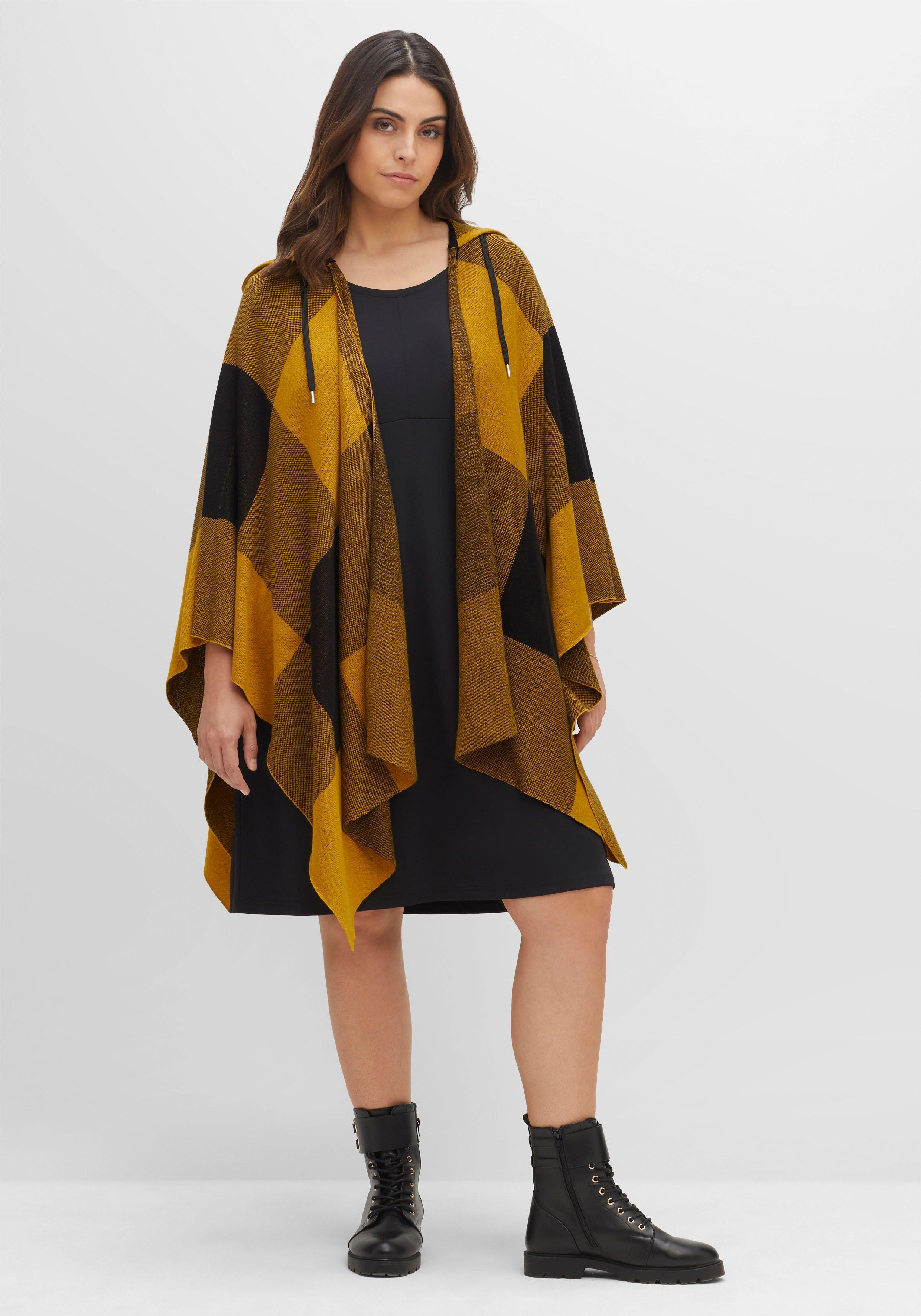 Kariertes Strickcape mit Kapuze und Tunnelzug