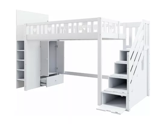 Lit en mezzanine, 90*200 cm, échelle de rangement, étagères, armoires de rangement à charnières, espace dressing sous le lit, poignées d'amour, blanc
