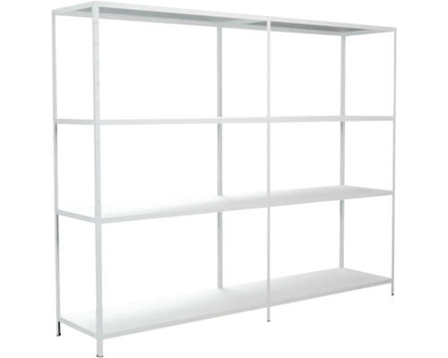 Insteekbare basis- en aanbouwstelling, wit, 180x220x50 cm, 8 legplanken, hoekprofielen gedeeld, set, draagvermogen 680 kg
