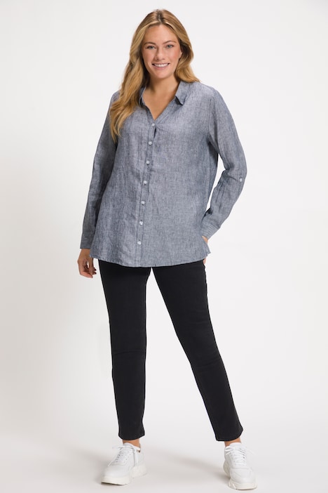Bluse, Leinen, offener Kragen, Langarm