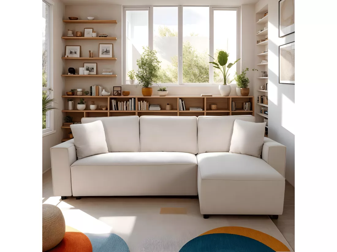 Canapé d'angle réversible convertible 4 places en tissu beige - Théa