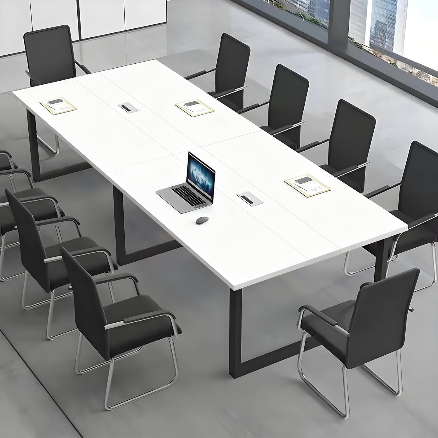 Großer Konferenztisch, Moderner Besprechungstisch mit Kabelkanal und Schwarzem Metallrahmen für 8–12 Personen, Rechteckiger Seminar-Tisch für Büro, Konferenzraum