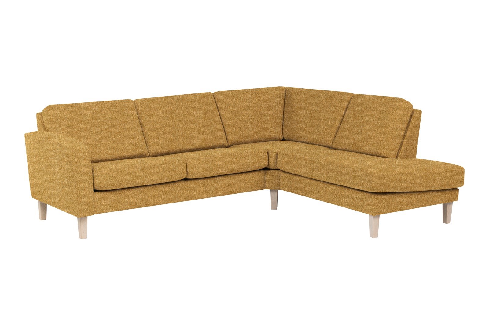 Slogen hjørnesofa Oppsett AH. 2,5-seter med åpen ende høyre. Tekstil Viva Golden med standard ryggpute. Vange A og hvitpigmentert ben 178.