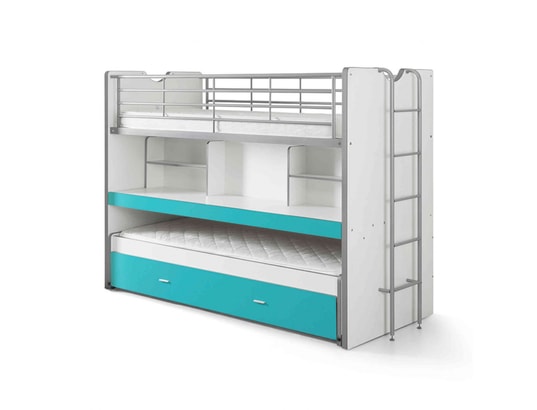 TERRE DE NUIT - Lit superposé 3 couchages, bureau turquoise 90 x 200