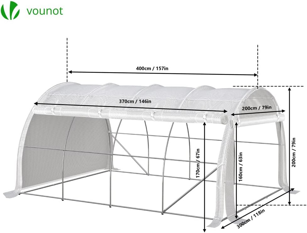 VOUNOT® Gewächshaus Foliengewächshaus, Seitenwände Aufrollbar Winterfest, Tomatenhaus Folientunnel, 4x3x2m 12m², Weiß