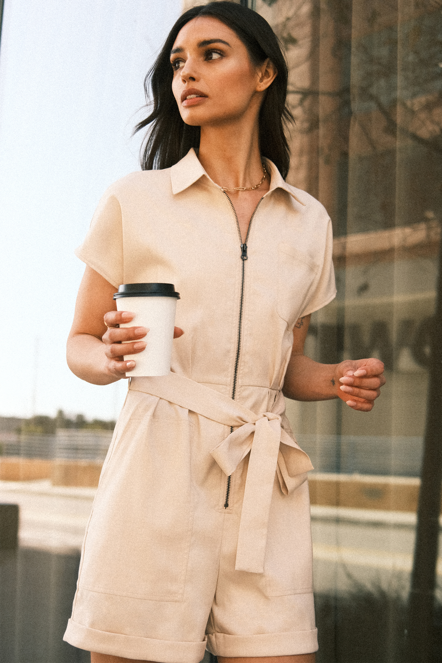Combishort à col chemise avec zip et poches