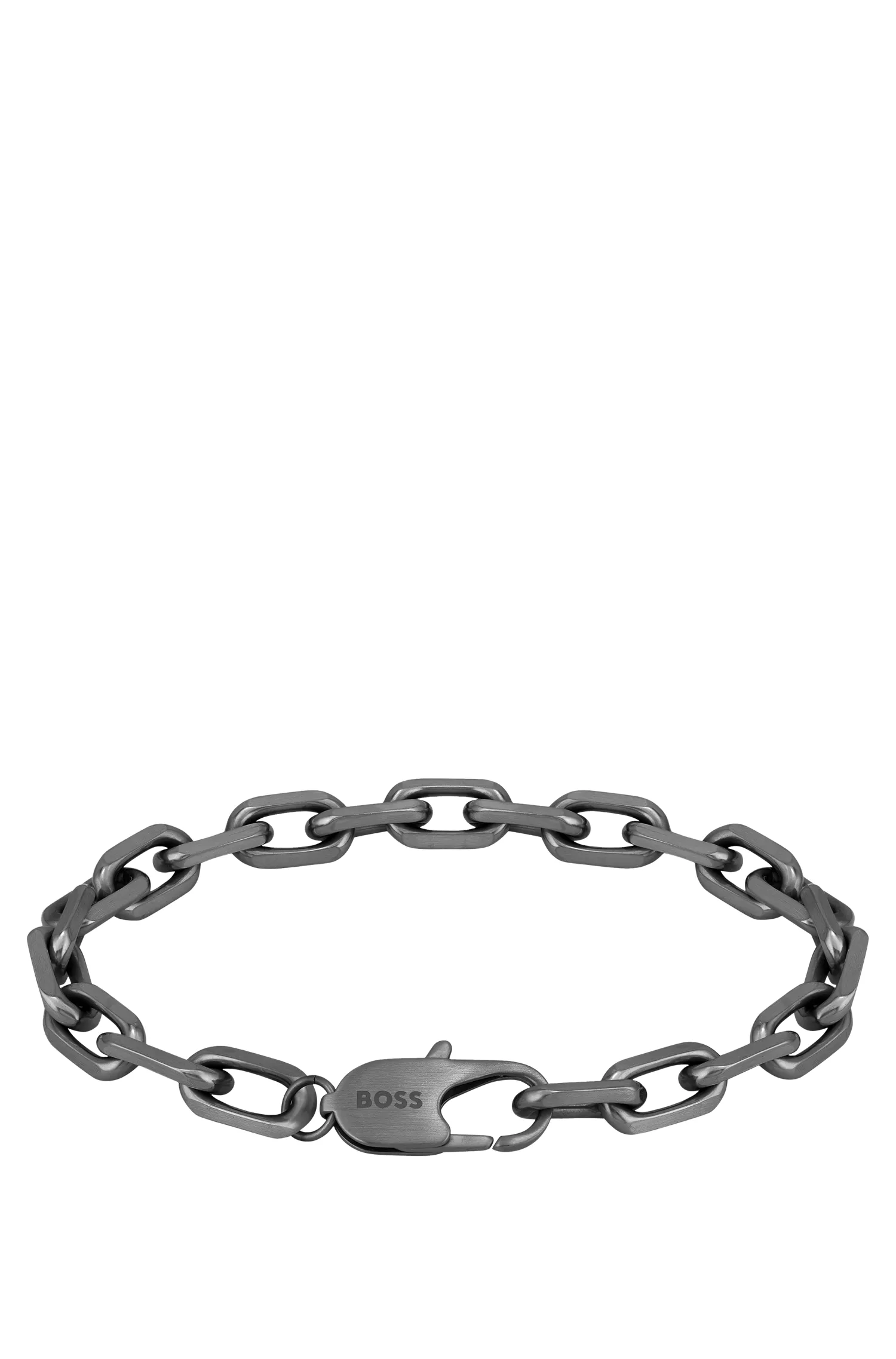 Bracelete BOSS em aço com revestimento preto-acinzentado e fecho com a marca.