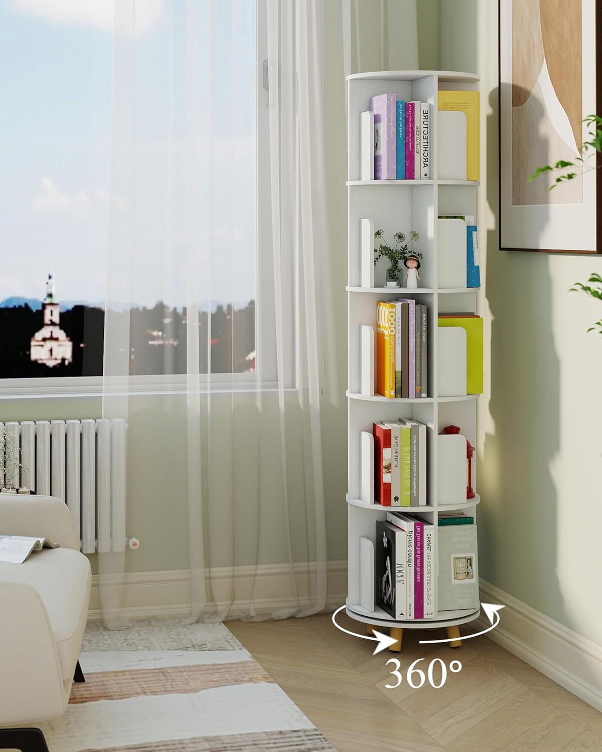 Drehbares Bücherregal Schmal, Bücherschrank mit 16 offene Lagerfächer, Bücherturm Freistehend mit Mit Schutzbrett, Rotating Bookshelf, Kücheneckregal, Kassettenregal zum Studium, Wohnzimmer