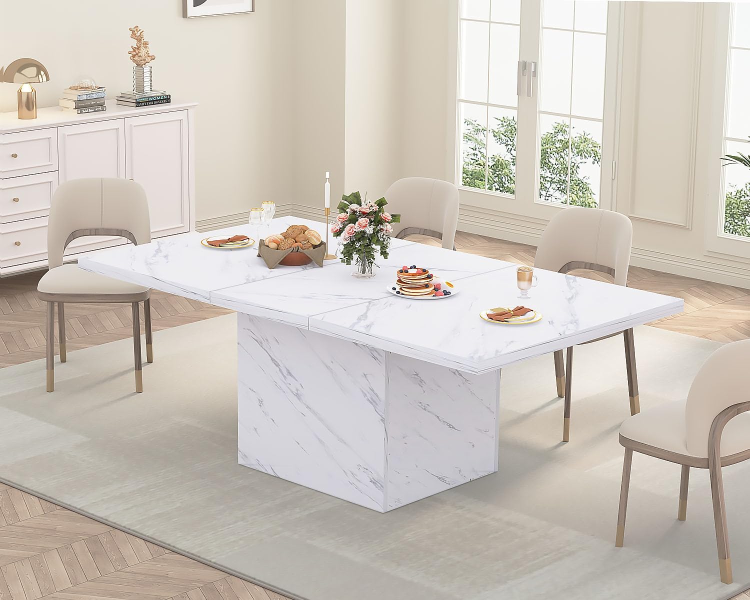 HSH Esstisch Moderner Küchentisch aus Holz Design für 4 bis 6 Personen, Esszimmertisch Holztisch für Küche, Zuhause, Wohnzimmer, Rechteckig Holztisch mit Stabiler Säule, Marmoroptik, Weiß 160 cm