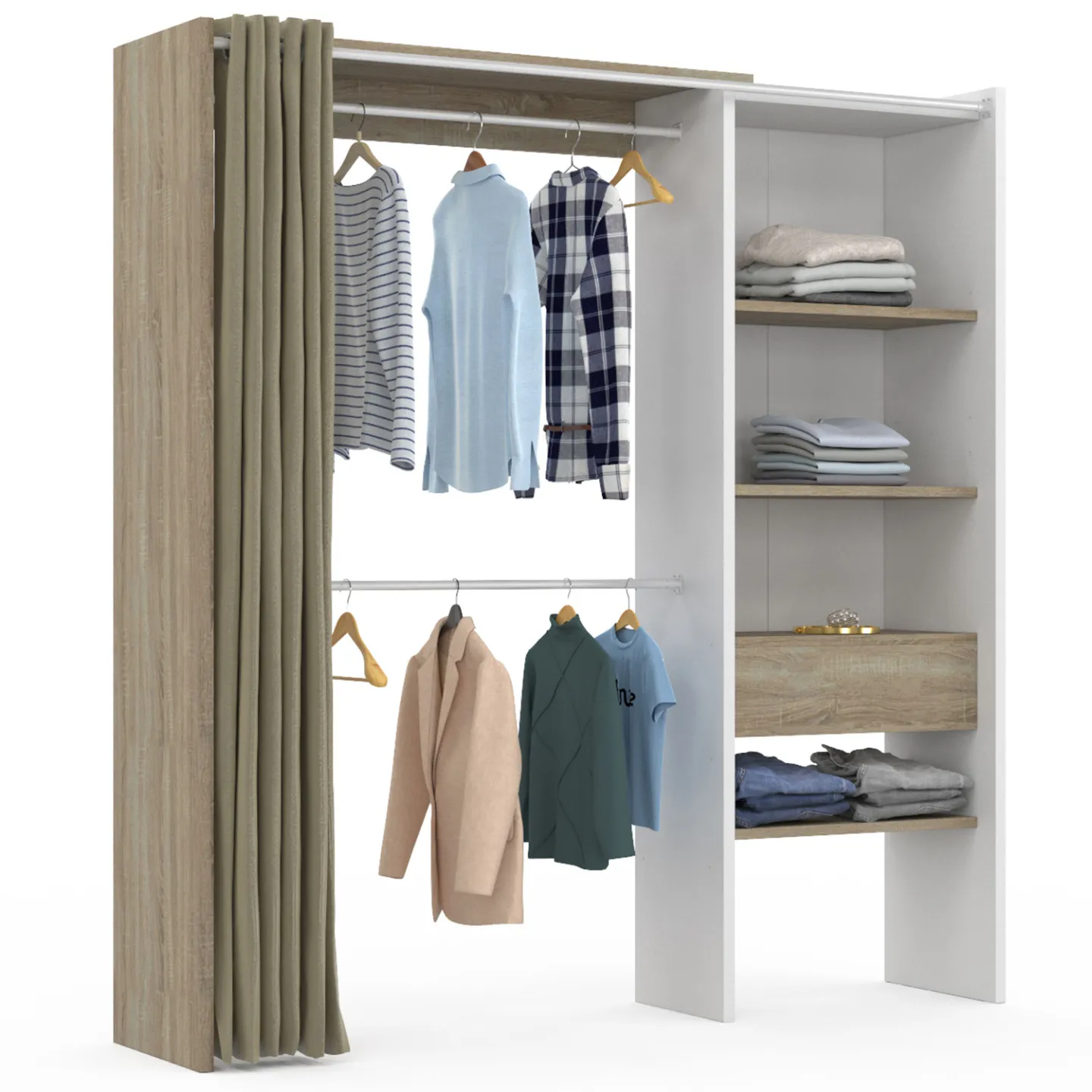 Dressing extensible MARTY 120/170 x 50 x 180 cm blanc avec étagères hêtre + double penderie + rideau taupe